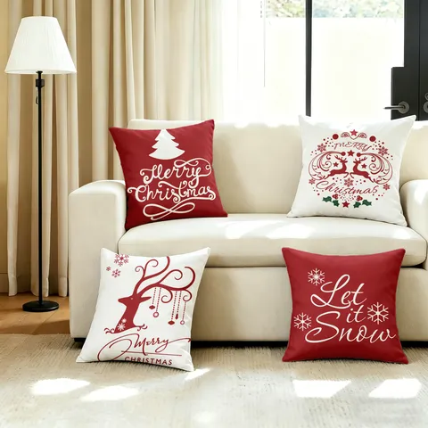 Christmas Elk Snowflake Throw Pillow Cover Festive Red White Sofa Cushion Case