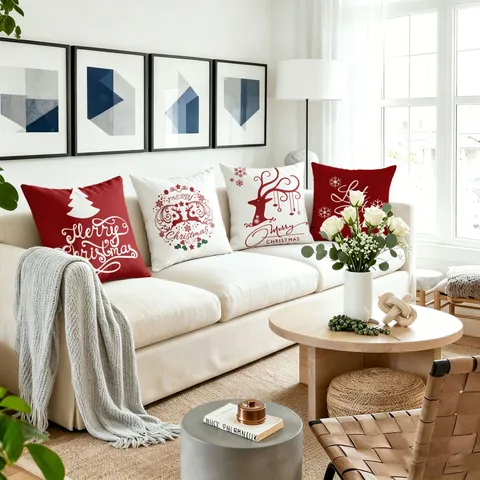 Christmas Elk Snowflake Throw Pillow Cover Festive Red White Sofa Cushion Case