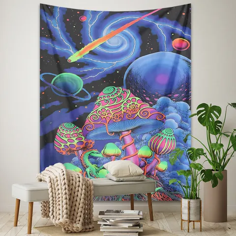 Psychedelic Mushroom Tapestry Starry Sky Universe Wall Hanging Aesthetic Wall Decor Tapestries for Bedroom Living Room Dorm