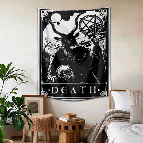 Tarot Death Moon Tapestry Gothic Black And White Wall Hanging Aesthetic Tapestry For Bedroom Living Room Home Decor