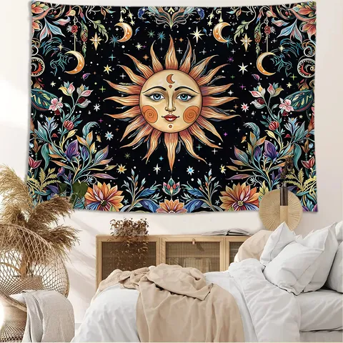 Tapisserie Soleil Papillon Bohémienne Champignon Psychédélique Phases de Lune Tarot Suspension Murale Décoration Chambre Salon