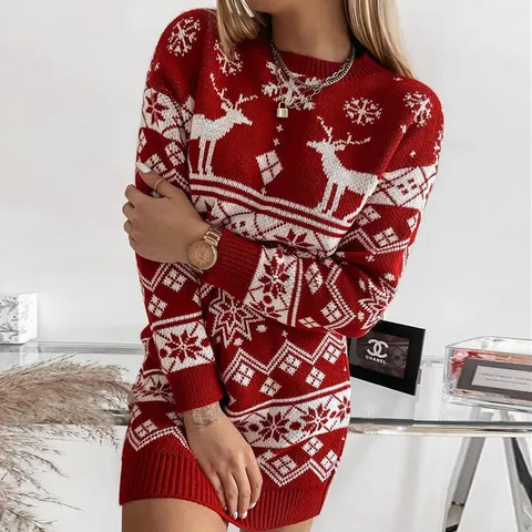Women's Christmas Elk Snowflake Jacquard Long Sleeve Crew Neck Bodycon Sweater Dress Elegant Winter Knitted Dress