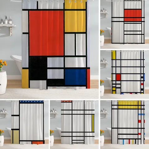 Modern Abstrakt Geometrisch Rood Geel Blauw Raster Bedrukt Waterdicht Stof Douchegordijn Voor Badkamer Huisdecoratie