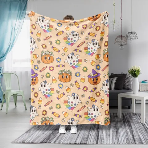 Halloween Ghost Pumpkin Flannel Blanket Soft Warm Fleece Throw Blanket For Sofa Bed Office Couch Fall Holiday Home Decor
