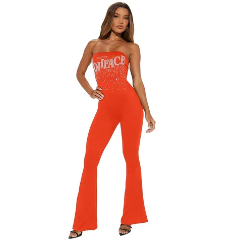 Mameluco Bodycon Sexy sin Tirantes para Mujer con Estampado de Letras de Strass Pantalones Largos Fiesta