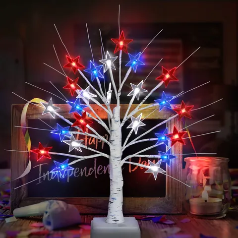 Plastic Red White and Blue Birch Tree Light Patriotic Decor Star Branch Light Battery Powered Festival Party Room Lighting