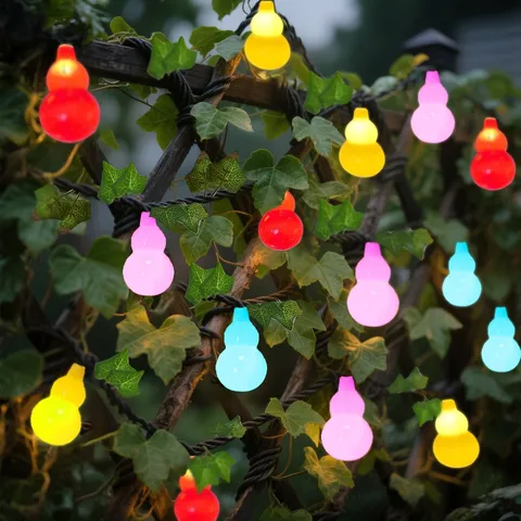 Solar LED Gourd String Lights Outdoor Garden Balcony Waterproof Fairy Lights With Artificial Green Leaves Vine