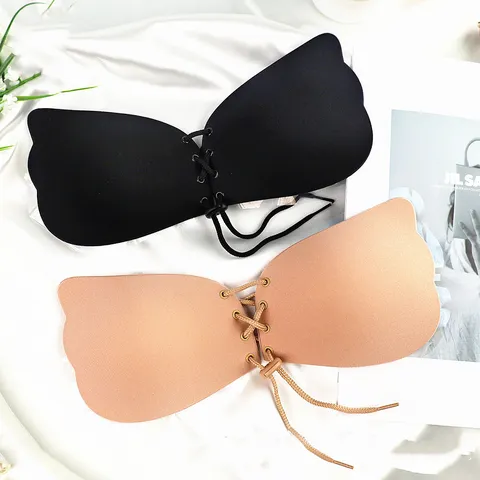 Women's Sexy Strapless Invisible Sticky Bra Solid Color Frontless Drawstring Push Up Dress Silicone Bra