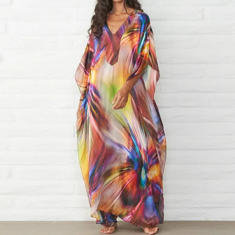 Women's Floral Print Long Beach Cover Up Dress V-Neck Batwing Sleeve Sun Protection Loose Casual Vacation Maxi Dress