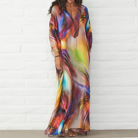 Women's Floral Print Long Beach Cover Up Dress V-Neck Batwing Sleeve Sun Protection Loose Casual Vacation Maxi Dress