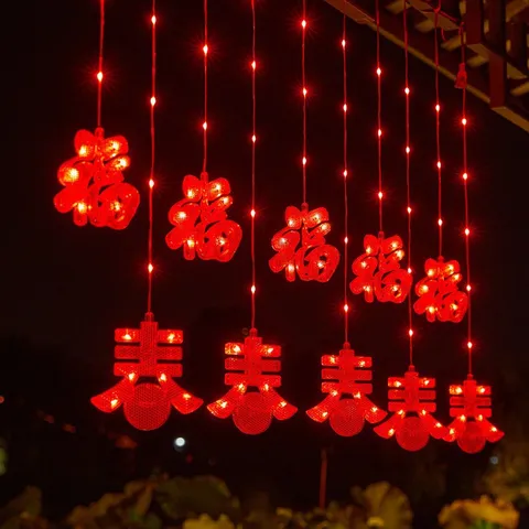 LED Red Lantern Curtain Lights Festive String Lights Hanging Fairy Lights For Party Balcony Holiday Decor