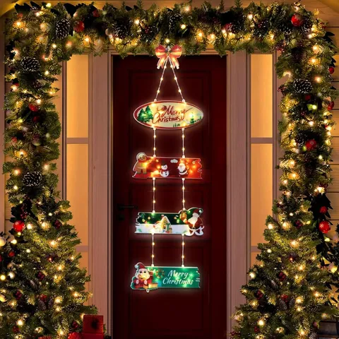 Christmas Door Sign LED String Lights Hanging Window Ornament Festive Holiday Party Home Decor Warm Lighting
