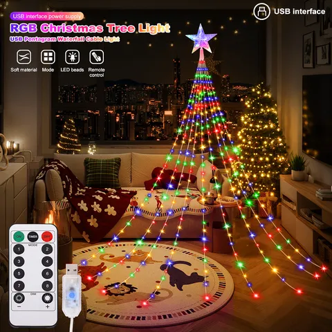LED Waterfall String Lights USB Powered Remote Control Fairy Lights Christmas Tree Hanging Decor Outdoor Lighting