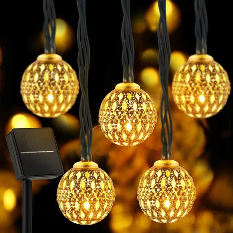 Solar LED String Lights Moroccan Ball Iron Hollow Fairy Lights Waterproof Outdoor Garden Christmas Party Decorative Lighting