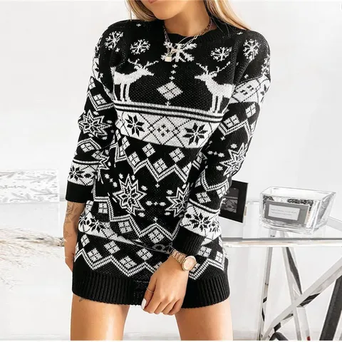 Women's Christmas Elk Snowflake Jacquard Long Sleeve Crew Neck Bodycon Sweater Dress Elegant Winter Knitted Dress