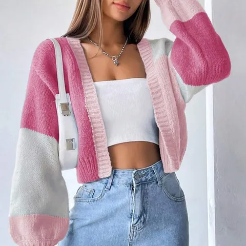 Women Casual Retro Color Block Striped Long Sleeve Knitted Cardigan Sweater V Neck Open Front Fall Outerwear