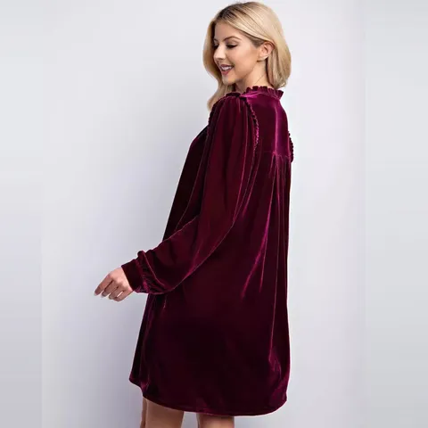 Vestido Corto Casual con Cuello en V y Manga Larga de Terciopelo Color Sólido Suelto Recto Elegante Moda Otoño Invierno para Mujer