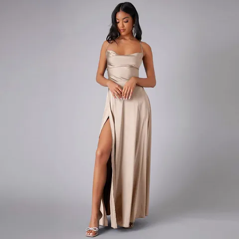 Sexy Women's Satin Slip Maxi Dress Backless High Slit Long Evening Gown Elegant Party Clubwear Polyester Dress