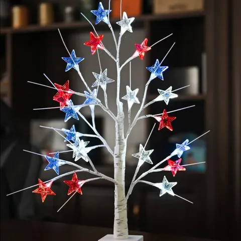 Plastic Red White and Blue Birch Tree Light Patriotic Decor Star Branch Light Battery Powered Festival Party Room Lighting