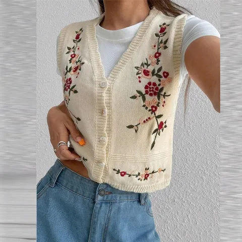 Women's Casual V-Neck Single-Breasted Floral Embroidered Knit Vest Sleeveless Cardigan Sweater Top For Daily Wear