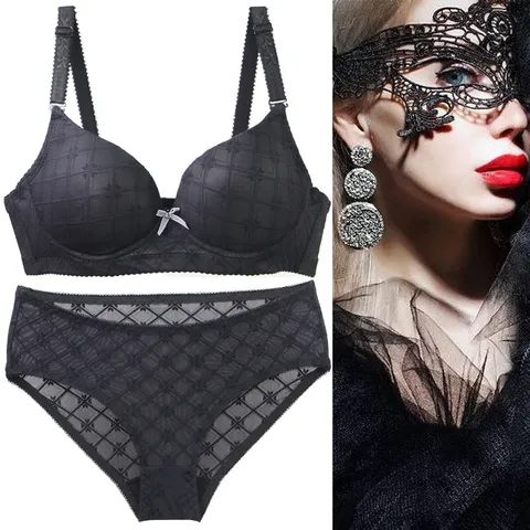 Women Push Up Bra Set Comfortable Breathable Lingerie Set Solid Color Underwear Set