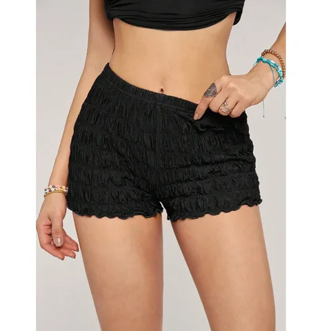 Damen Casual Einfarbig Hohe Taille Gerüscht Slim Fit Shorts Sommer Urlaub Stretch Gerade Dreiviertel Hot Pants Strandbekleidung