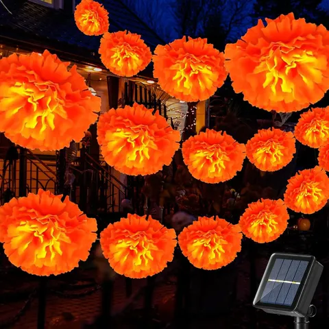 Solar LED Marigold Flower String Lights Waterproof Hanging Fairy Lights For Halloween Garden Outdoor Party Decor