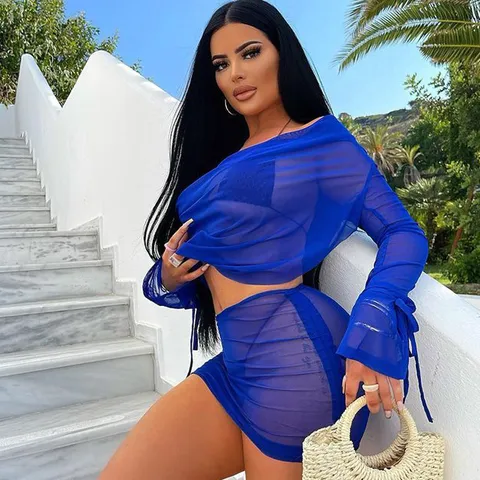 Women Sexy Deep V Neck Sheer Mesh Long Sleeve Crop Top And Bodycon Mini Skirt Set Clubwear Two Piece Outfit