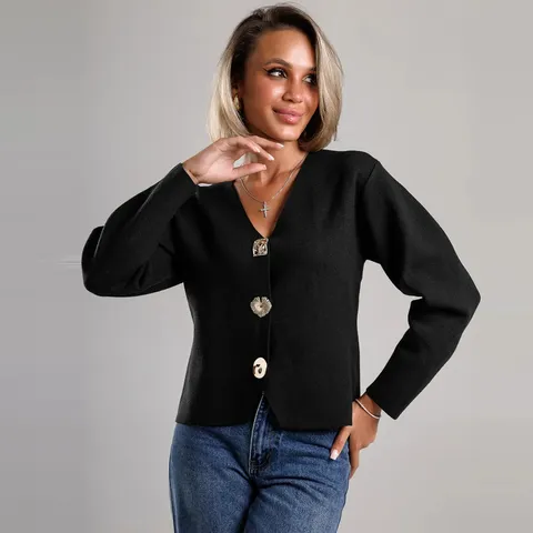 Cardigan de Punto de Manga Larga con Cuello en V Casual para Mujer Color Sólido Monopetto Parte Superior de Moda de Otoño e Invierno