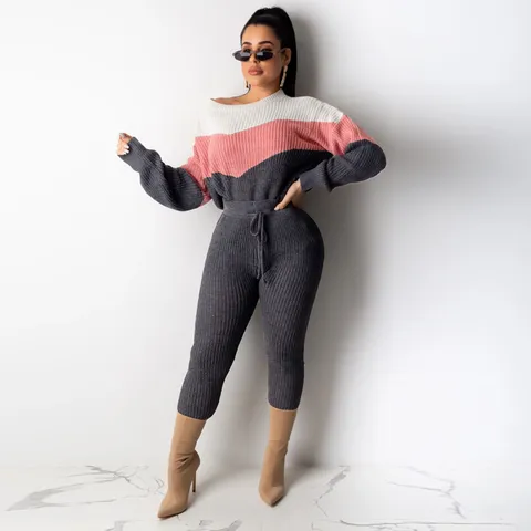 Women Casual Color Block Knitted Sweater Drawstring Trousers Set Long Sleeve Pullover High Waist Two Piece Outfit