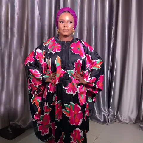 Women's Casual Long Sleeve Maxi Dress Loose Plus Size Ethnic Floral Print Kaftan Robe With Matching Headscarf