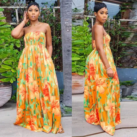 Women's Sexy Strapless Sleeveless Floral Print High Waist Loose Wide Leg Jumpsuit Casual Summer Vacation Long Pant Romper