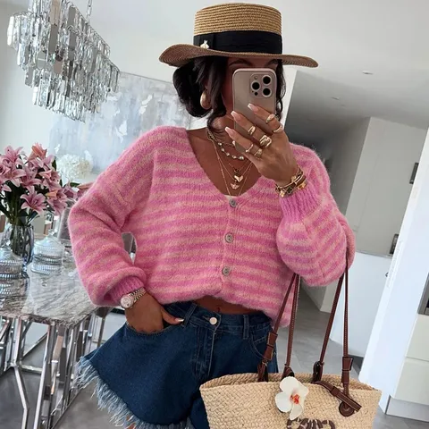 Women Casual V-Neck Long Sleeve Color Block Cardigan Sweater Autumn Winter Knitwear Oversized Open Front Button Down Top