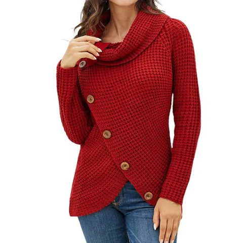 Damen Casual Rollkragen Langarm Unifarben Knopf Strick Pullover