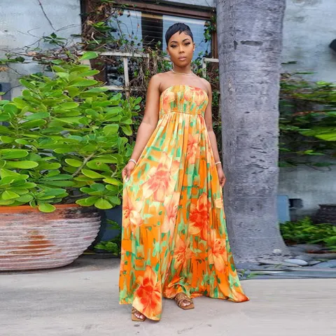 Women's Sexy Strapless Sleeveless Floral Print High Waist Loose Wide Leg Jumpsuit Casual Summer Vacation Long Pant Romper