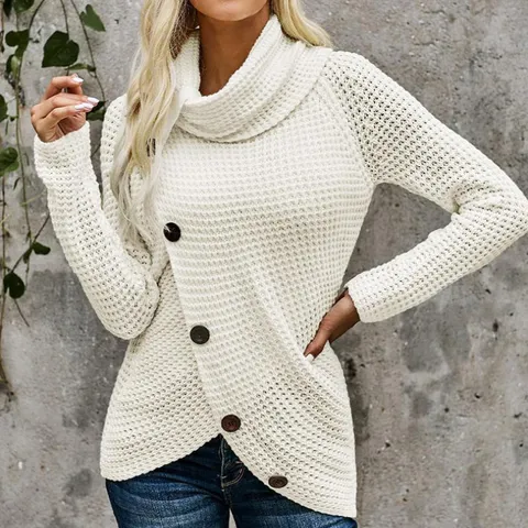 Damen Casual Rollkragen Langarm Unifarben Knopf Strick Pullover