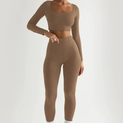 Γυναικείο Casual Monohromo Ribbed Makry Maniki Tetragoni Laimokopsi Crop Top Kai Makry Pantaloni Yoga Sport Set