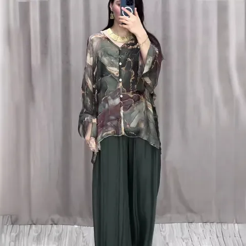 Dames Casual V-hals Lange Mouw Bedrukt Shirt En Wijde Broek Top And Bottom Los Elegante Dagelijkse Outfit