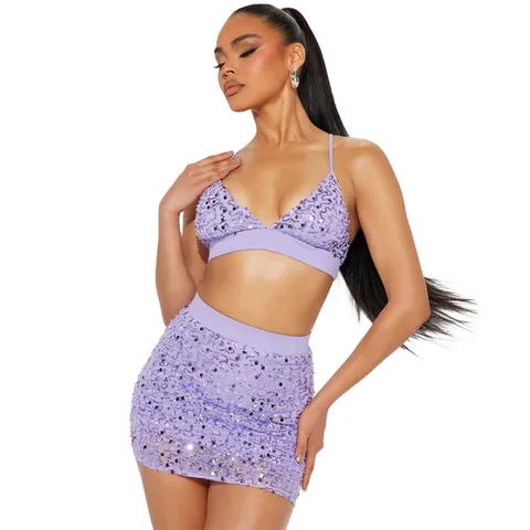 Women Sexy Sequin Embroidered Two Piece Set Sleeveless Crop Top And Bodycon Mini Skirt Party Clubwear