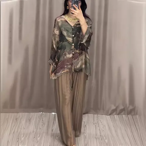 Dames Casual V-hals Lange Mouw Bedrukt Shirt En Wijde Broek Top And Bottom Los Elegante Dagelijkse Outfit