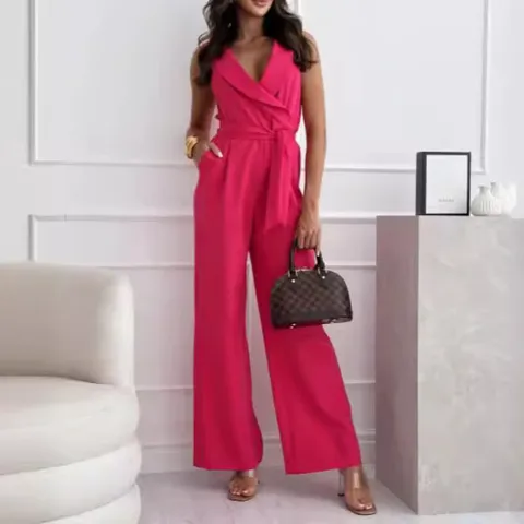 Damen Mode Einfarbig Anzugkragen Ärmellos Hohe Taille Weites Bein Lange Jumpsuit Casual Pendeln Gürtel Romper Hose
