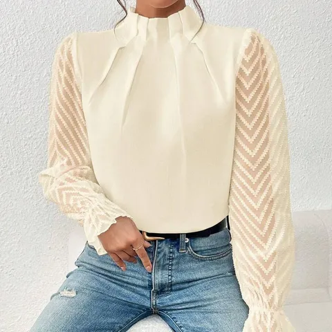 Γυναικείο Casual Mock Neck Patchwork Wave Pattern Long Sleeve Blouse Elegant Commuter Regular Fit Polyester Top