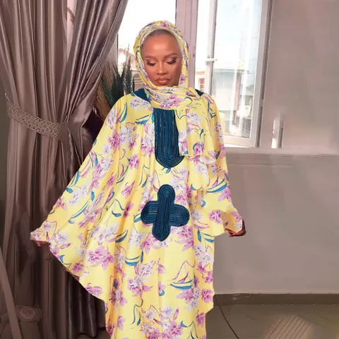 Women's Casual Long Sleeve Maxi Dress Loose Plus Size Ethnic Floral Print Kaftan Robe With Matching Headscarf