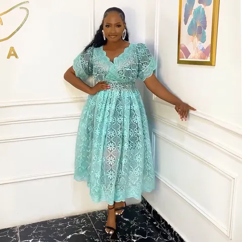 Plus Size Women Elegant Lace Hollow Out V-Neck Midi Dress Two Piece Set Casual Commuting Short Sleeve Dress