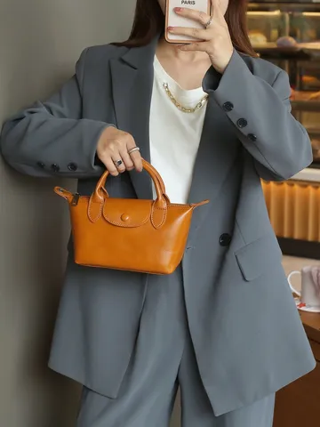 Bolso Bandolera de Cuero Genuino Vintage para Mujer Primera Capa de Piel de Vaca Bolso Dumpling Casual Diario Pequeño Bolso