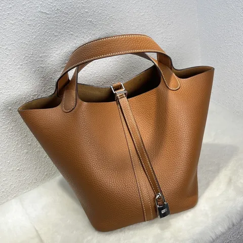 Genuine Leather Bucket Bag For Women Handcrafted Stitching Top Handle Bag Metal Lock Closure Large Capacity Handbag