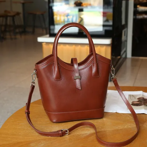 Damen Echtes Leder Eimer Tasche Minimalistisch Top Griff Umhängetasche Lässige Große Kapazität Schultertasche Mit Metallschloss