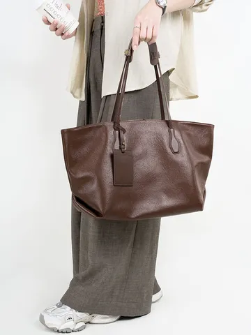 Bolso Tote de Cuero Auténtico de Gran Capacidad para Mujer Vintage Piel de Vaca Commuting Casual Bolso de Hombro
