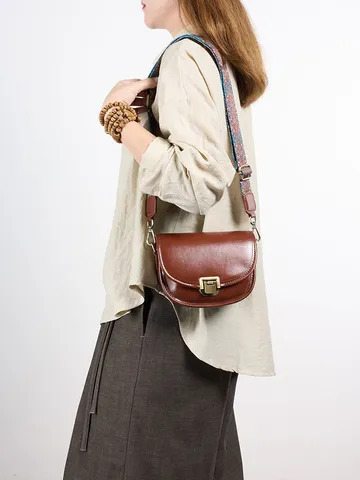 Women Vintage Saddle Bag Top Layer Cowhide Crossbody Bag Ethnic Wide Strap Casual Shoulder Bag Retro Leather Handbag