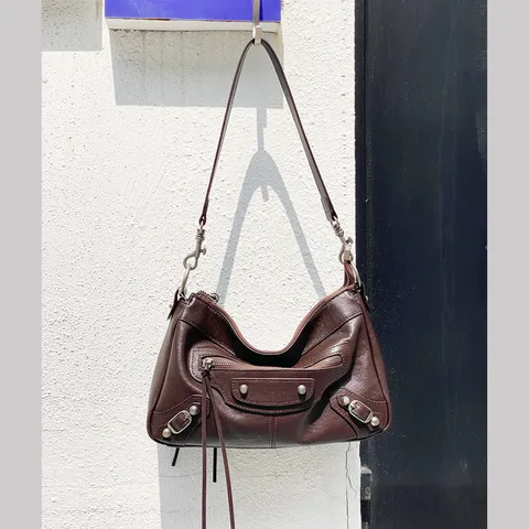 Women Genuine Leather Motorcycle Crossbody Bag Vintage Rivet Tote Shoulder Bag Large Capacity Top Handle Purse